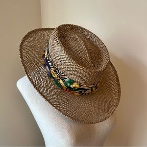 Tan Open Weave Straw Sun Hat with Tropical Band
